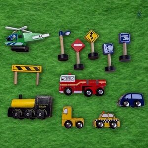 Lot Of Wooden Railroad Accessories: Vehicles & Signs